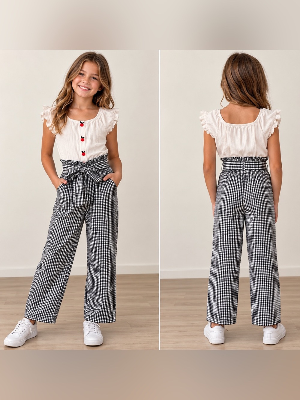 Love Squared Girls Size 12 Gingham Jumpsuit | Cherry Buttons & Ruffle Sleeves
